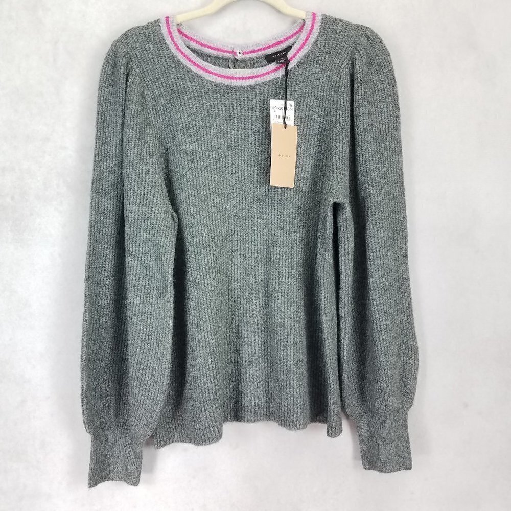 Halogen NWT Pullover Sweater Ribbed Knit Gray Pink Sz XL Ballon Sleeve Preppy